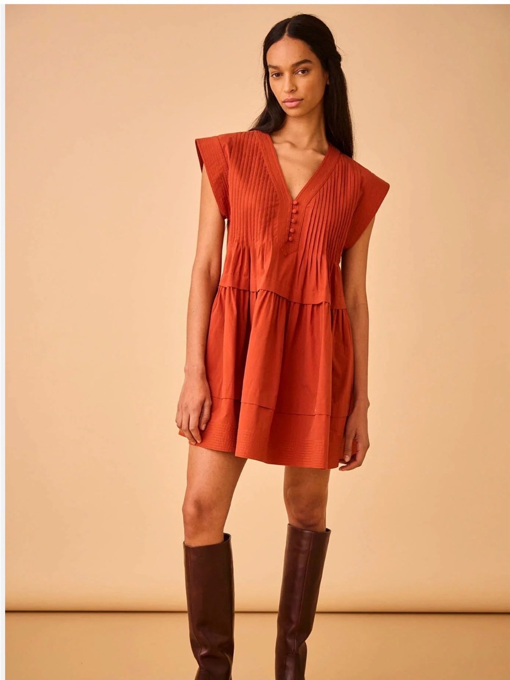 HUNTER BELL Parker Dress in Burnished Copper Pintuck Tiered Mini Dress